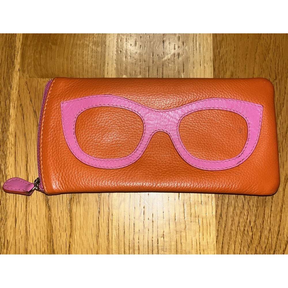 ILI New York Leather Eyeglass Case Glasses Holder Zip Wallet Orange Pink Soft